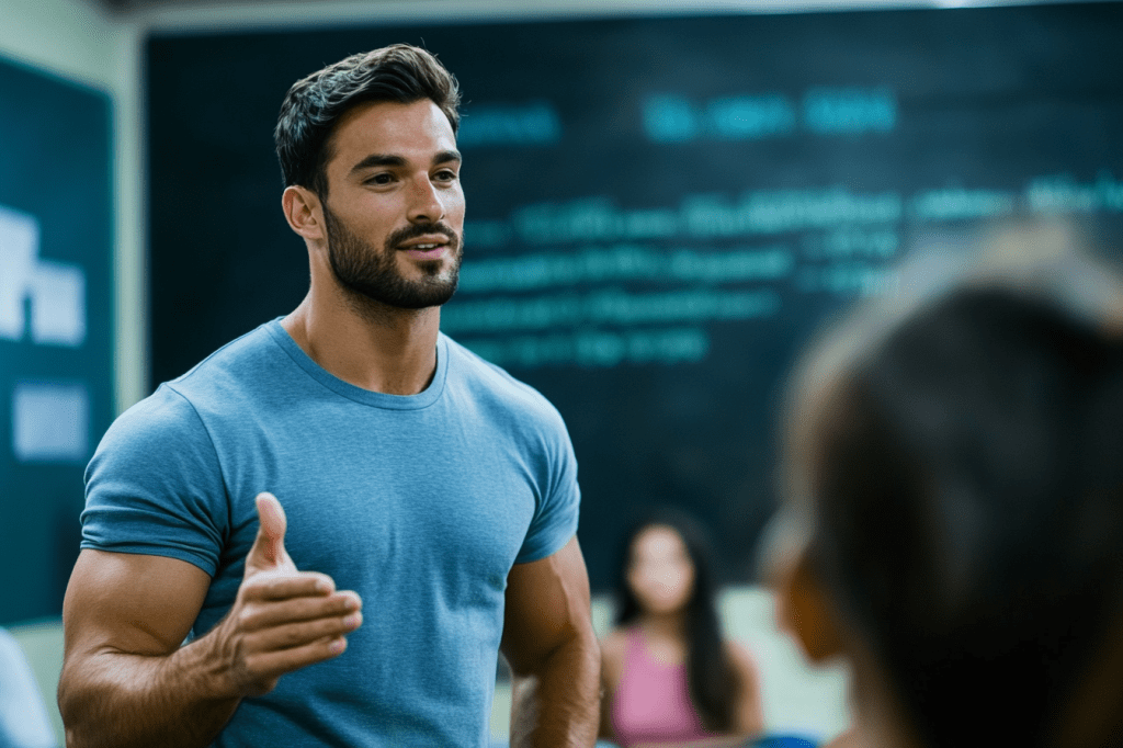 attractive muscular man in blue shirt teaching a class