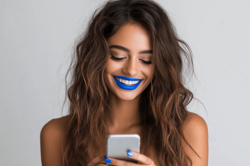 attractive woman with blue lipstick and blue fingernails looking at her phone and smiling